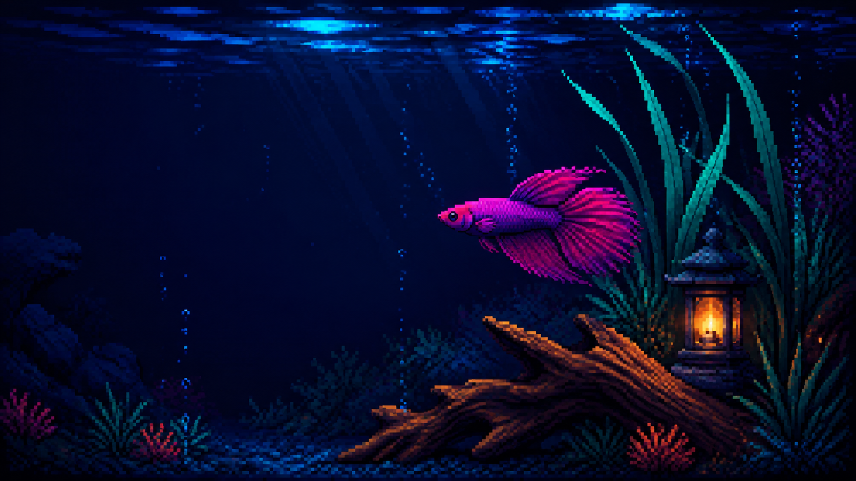 桌面电子宠物鱼缸的深海像素艺术画面
